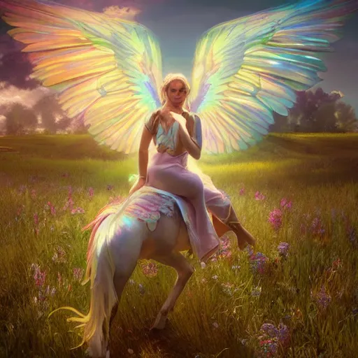 Image similar to a iridescent unicorn with wings eating in a field of marijuana, art by artgerm and greg rutkowski and alphonse mucha, concept art, octane render, unreal engine 5, highly detailed, high quality, 8 k, soft lighting, realistic face, path traced