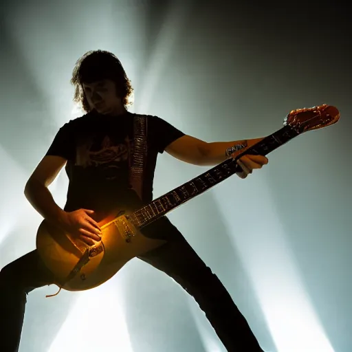 Image similar to a metal concert, lead guitarist playing a guitar solo, dramatic lighting