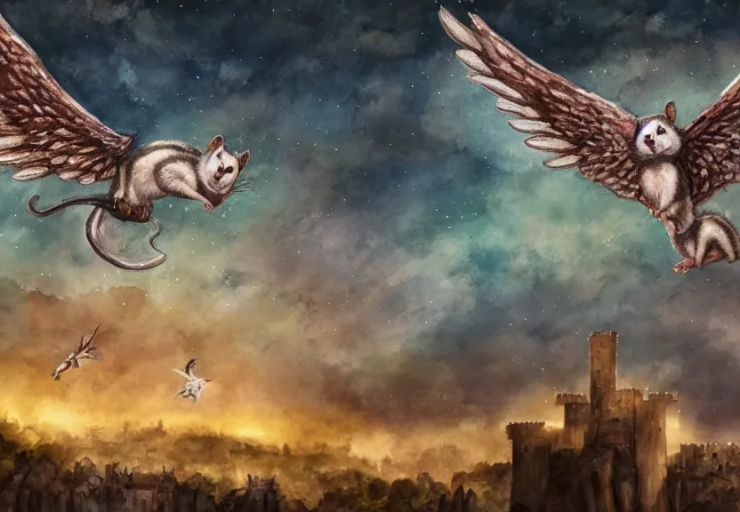 Prompt: epic winged possum flying over a medieval castle under a dark starred sky, dark fantasy, watercolor, dreaming illusion, highly detailed, 4k, trending on Artstation, award-winning