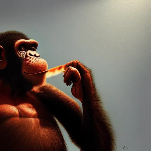 Image similar to a chimp wearing a suit smoking a cigar, dramatic lighting, cinematic, establishing shot, extremly high detail, photorealistic, cinematic lighting, artstation, style by James Gurney