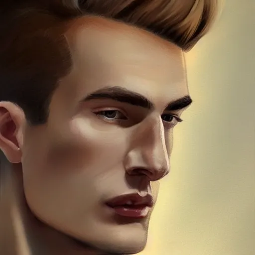 Image similar to tall man in his twenties with brown blond short quiff hair and thin slightly round facial structure with cleft chin, straight eyebrows and prominent nose, good definition of cheekbones, big hazel nut brown eyes, narrow face, slim body, atmospheric lighting, painted, intricate, 4 k, highly detailed by charlie bowater