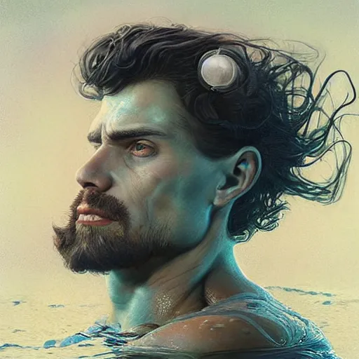Prompt: a beautiful hyperrealistic hyperdetailed fantasy portrait of a fit muscular man swimming underwater with long curly black hair, by stalenhag and tom bagshaw