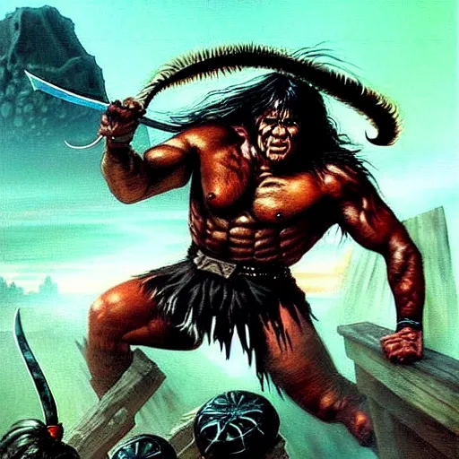 Prompt: “ conan the barbarian ” attacks “ giant black spider with red eyes ”. “ painting by ernie chan and earl norem. ”