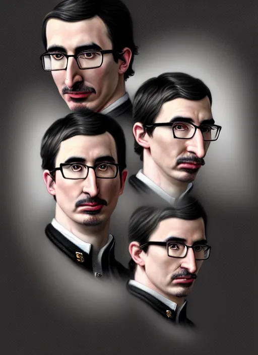 Image similar to a portrait of john oliver and adam driver posing together, stoic, military uniform, fantasy, intricate, elegant, beautiful, highly detailed, charcoal, centered, dark, smokey, digital painting, artstation, concept art, smooth, sharp focus, illustration, art by artgerm and greg rutkowski and alphonse mucha