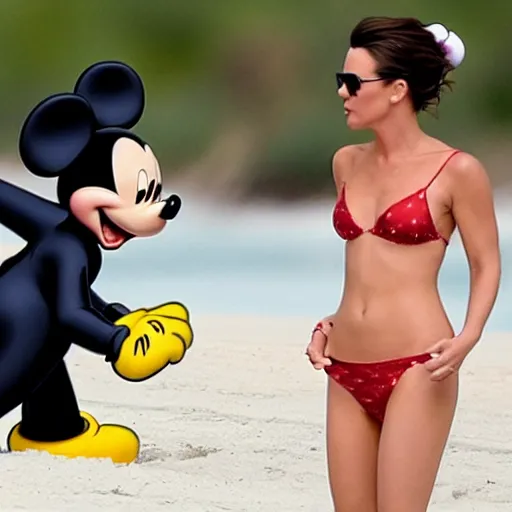 Image similar to Mickey Mouse staring at Kate Beckinsale on the beach, she is annoyed,