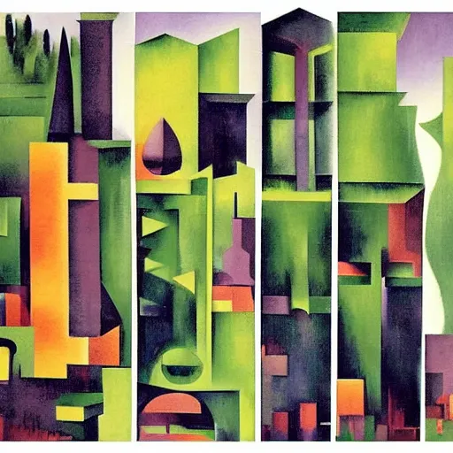 Image similar to forest green funereal by andre lhote. collage. a cityscape. the different colors & shapes represent different parts of the city.