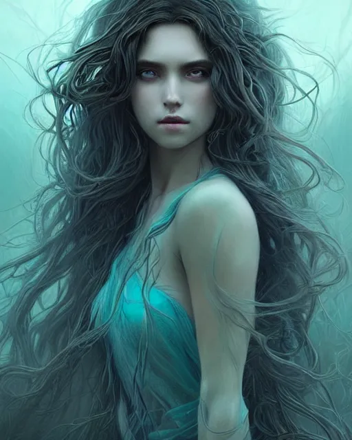 Prompt: wizard, fine art, awesome fantasy book cover on pinterest, award winning, hyperrealistic symmetrical hyperdetailed dark fantasy landscape, fantasy magic, sensual beauty long turquoise hair windy intricate, elegant, sharp focus, cinematic lighting, highly detailed, digital painting, concept art, art by wlop and artgerm and greg rutkowski, masterpiece, trending on artstation, 8 k