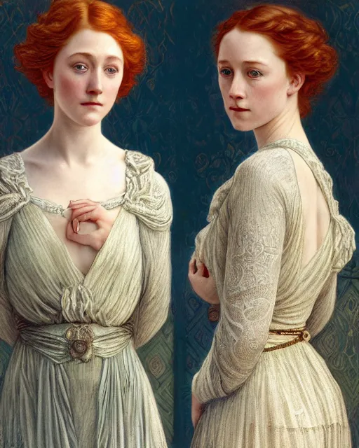 Prompt: intricate art nouveau oil painting of redheaded young saoirse ronan or redheaded millie bobby brown wearing an intricate lace dress, highly detailed, intricate, elegant, digital painting, smooth, sharp focus, illustration, ultra realistic, 8 k, by bouguereau, alphonse mucha, artgerm, and donato giancola