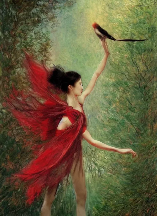 Image similar to a gorgeous prima ballerina japanese art with a red scarf, medium long brown hair, green eyes, is looking at a bird, ethereal, horror, fantasy art by greg rutkowski and magali villeneuve and claude monet