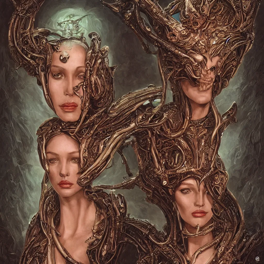 Image similar to beautiful and exotic alien queen bust portrait, glowering judging eyes, art nouveau declotage, perfect symmetrical facial features, hyperrrealistic bone structure, extremely hyperdetailed, mixed media painting, unreal engine, 8 k, octane, 8 mm, by travis charest, rodney matthews and olivia de bernardinis