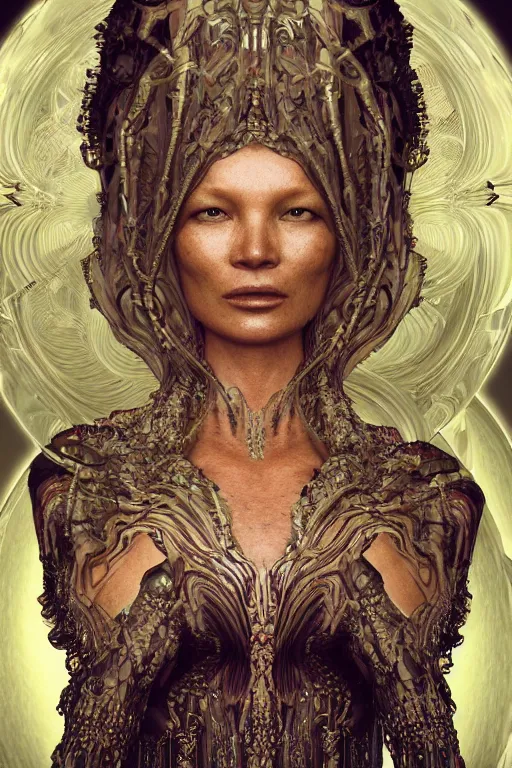 Prompt: a realistic ciematic photo of a beautiful ancient alien woman goddess kate moss shiva standing in iris van herpen dress jewelery and fractals in style of alphonse mucha art nuvo dmt trending on artstation made in unreal engine 4