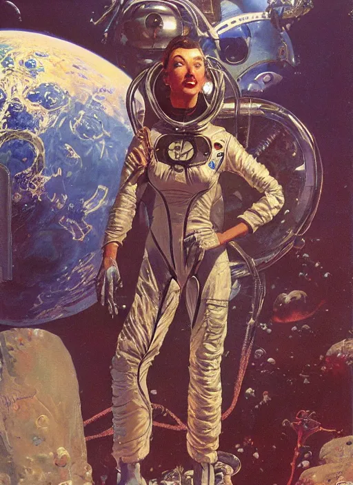 Image similar to tall elegant venusian woman wearing a latex spacesuit on alien world, by norman rockwell, jack kirby, jon berkey, earle bergey, craig mullins, ruan jia, jeremy mann, tom lovell, astounding stories, pulp illustration, scifi, amazing stories, other worlds