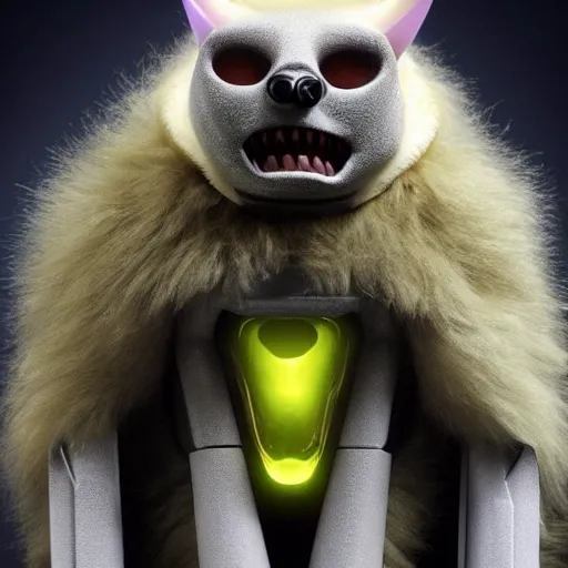 Image similar to a futuristic humanoid with cat-like features, yellow eyes, teeth that protrude past the lower lip and fine grayish fur on their faces and backs of their hands wearing alien armor and carrying an energy rifle