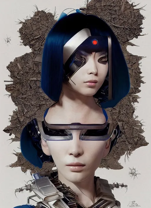 Image similar to portrait of a futuristic geisha cyborg, in the style of ghost in the shell, kintsugi, modern fine art, fractal, intricate, elegant, highly detailed, digital photography, richard avedon and greg rutkowski,