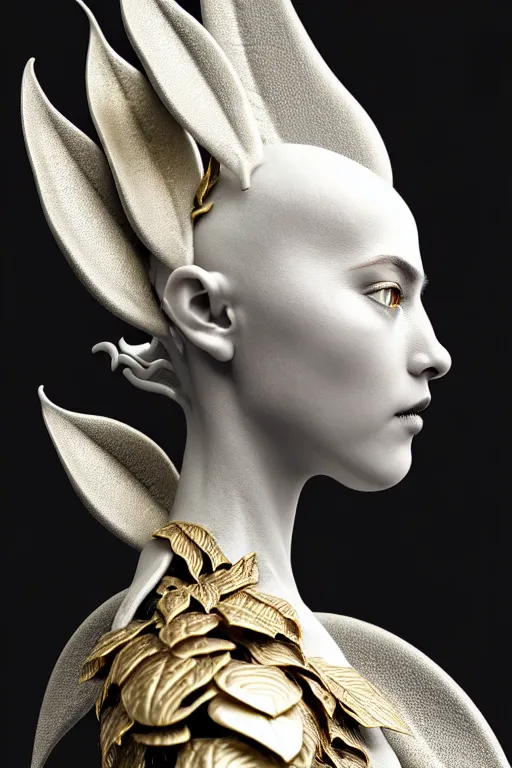 Image similar to bw close - up profile face, black background, beautiful young porcelain vegetal - dragon - cyborg - female, 1 5 0 mm, beautiful natural soft rim light, silver gold details, magnolia leaves and stems, roots, mandelbot fractal, elegant, ultra detailed, white metallic armour, octane render, dora maar