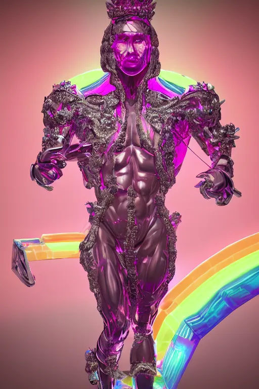 Image similar to hyper detailed ultra sharp fullbody photo of baroque and cyberpunk transparent pink gem sculpture of a muscular seductive muscular italian man feeling muy cachondo, muy dotado, iridescent humanoid deity wearing pink plastic seethrough cloak, holding a rainbow tiger gem, blue diamond, glowing pink face, crown of white diamonds, cinematic lighting, photorealistic, octane render 8 k