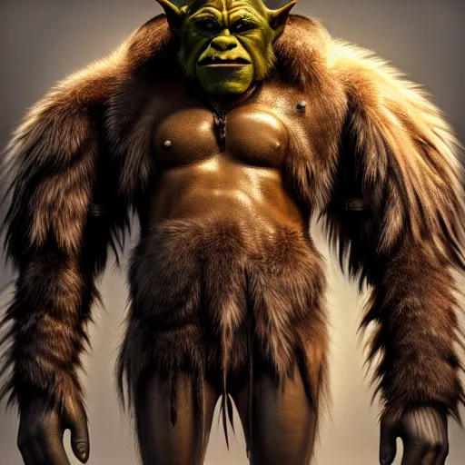 Image similar to A full body shot of a handsome orc looking into the camera wearing a leather fur jacket and boots, full body shot, artstation, realistic, highly detailed, symmetrical, hyper realism, high detail, octane render, unreal engine, 8k, fantasy art, highly detailed, concept art