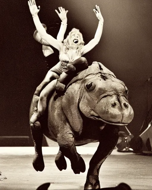 Prompt: photograph of Madonna Ciconne riding a Hippo during a concert performance