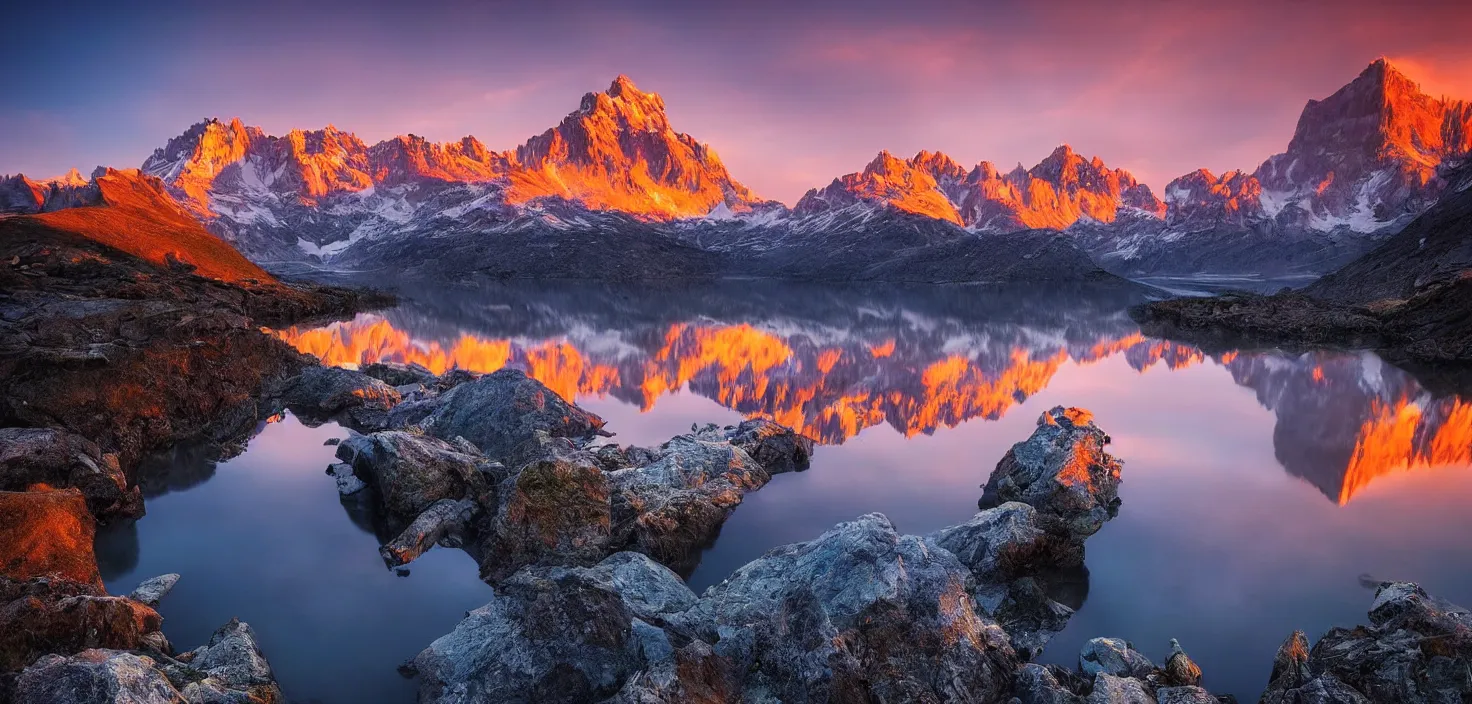 Image similar to amazing landscape photo of mountains with lake in sunset by marc adamus, beautiful dramatic lighting