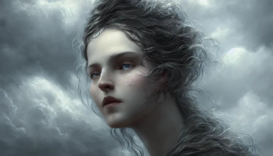 Image similar to face in the clouds, face made out of clouds, fantasy, dramatic, intricate, elegant, highly detailed, digital painting, artstation, concept art, smooth, sharp focus, illustration, art by gustave dore, octane render