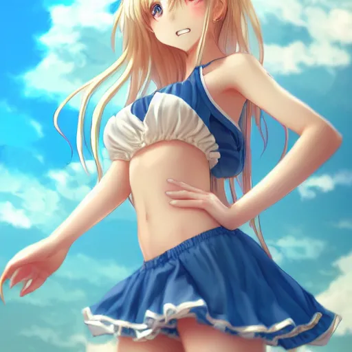 Prompt: a very beautiful young anime cute girl, full body, long wavy blond hair, sky blue eyes, full round face, short smile, bikini, miniskirt, front view, medium shot, mid-shot, highly detailed, cinematic wallpaper by Stanley Artgerm Lau