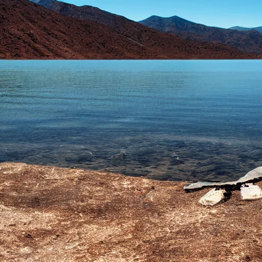 Prompt: lake meade completely empty while there is a draught, there are bones from a long dead animal near, a broken down car, and it looks like no one is around anymore, high resolution, photorealistic