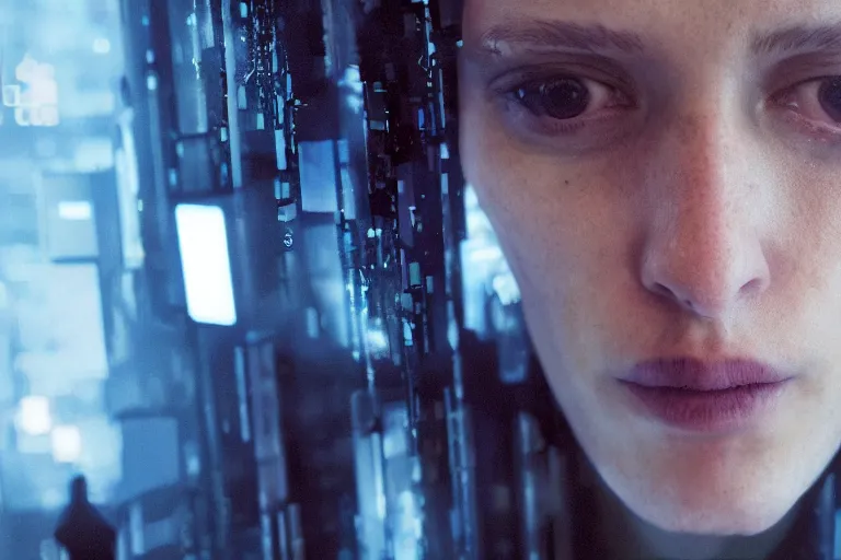 Image similar to cyberpunk hacker closeup portrait in high tech compound by Emmanuel Lubezki