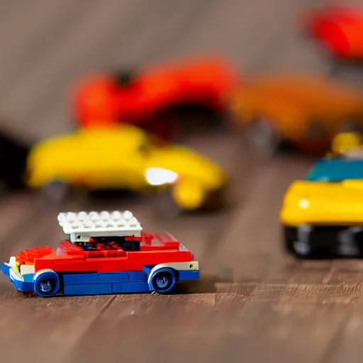 Image similar to tilt-shift photography of a group of Hotwheels cars racing on a hardwood floor, Lego minifigures are cheering them on in the background