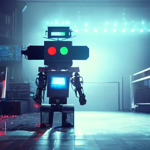 Image similar to hiphop gangsta robot, led screens, expressive, photo realistic, dramatic cinematic lighting, octane render, 4 k, ultra detailed