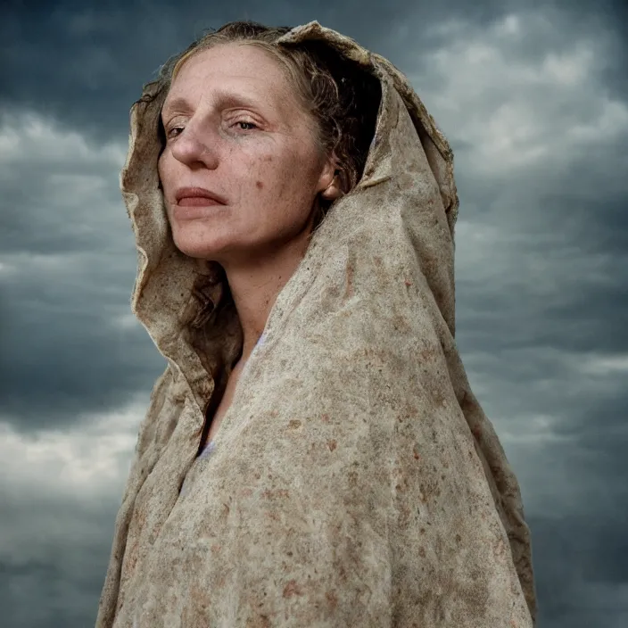 Image similar to closeup portrait of a woman wearing a cloak made of clouds, standing in a desolate abandoned house, by Annie Leibovitz and Steve McCurry, natural light, detailed face, CANON Eos C300, ƒ1.8, 35mm, 8K, medium-format print