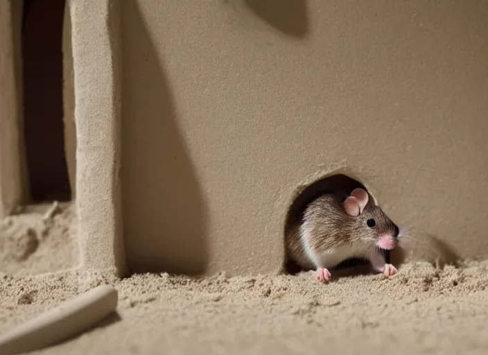 Image similar to dslr photo still of a mouse inside the doorway of a sand castle, 8 k, 8 5 mm f 1. 4