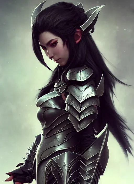 Image similar to full plate armor!!! beautiful and elegant dark hair female orc!! gorgeous ayes!! character concept art, sharp focus, octane render! unreal engine 5! highly rendered!! trending on artstation!! detailed linework!! illustration by artgerm, wlop, and chie yoshii