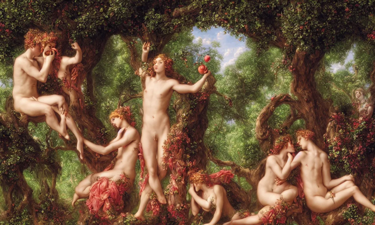 Prompt: a colorful luminous rococo fairytale of adam and eve in paradise eating the forbidden apple, by gustave dore but in color, colorized, hyper realistic, art noveau, classical style art, light colorful pastel color scheme, volumetric lighting, rendered with unreal engine 5, rococo style, octane, trending on cgsociety,