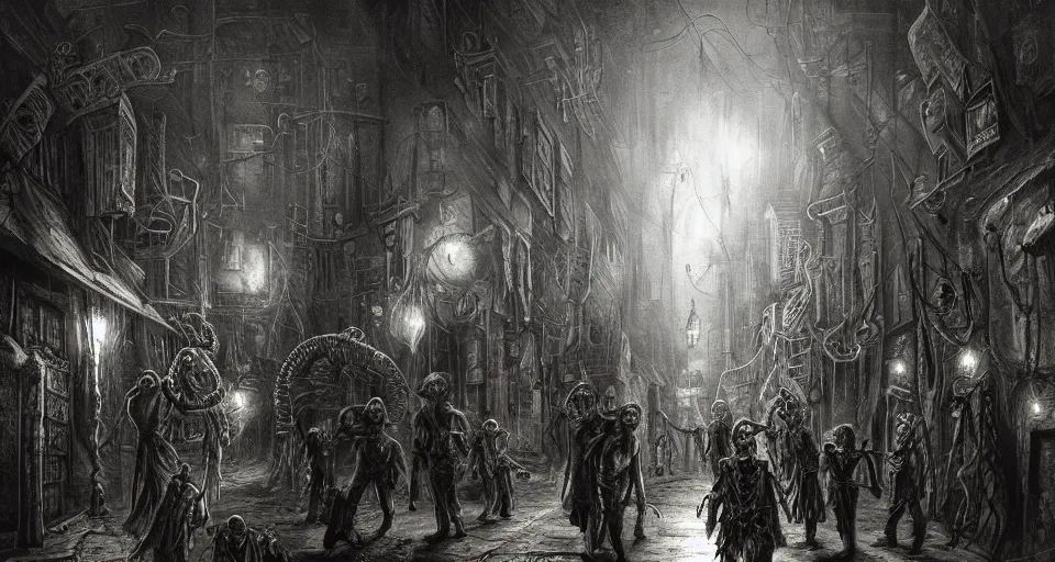 Image similar to a beautifully horrific ultra - detailed lovecraftian painting of steampunk demons gathered in the night time alleyway, illuminated by volumetric lighting, in the style of francisco goya, trending on artstation