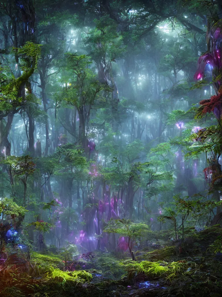 Prompt: a beautiful otherworldly fantasy landscape of a hidden forest with colorful mystical plants and huge psychedelic mushrooms as the trees, rendering, cryengine, vray render, cinema 4 d, cgsociety, bioluminescent