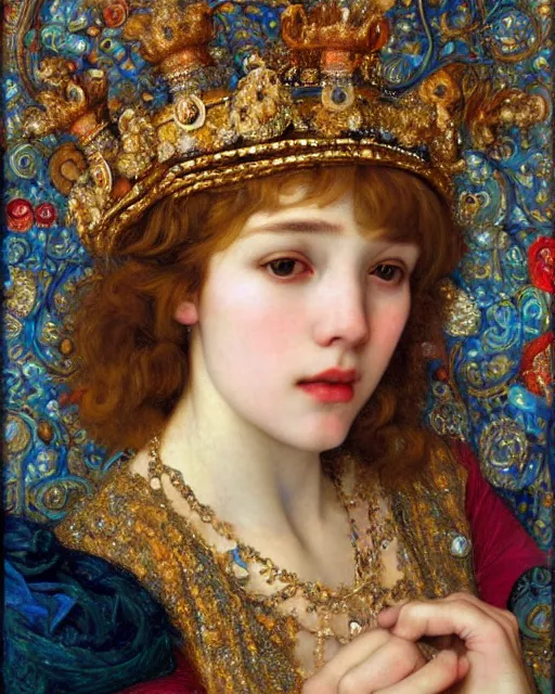 Image similar to a close up of beautiful girl wearing a crown wearing and golden jewellery surrounded by colourful intricate patterns, by edgar maxence and caravaggio and michael whelan, intricate painting, hyper realistic, extremely detailed and beautiful aesthetic face, 8 k resolution