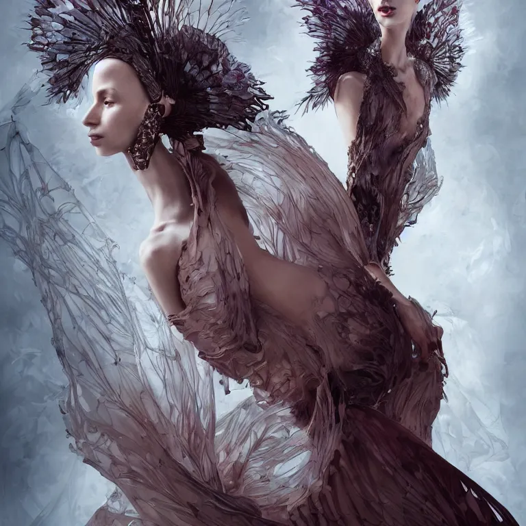 Prompt: beautiful cinematic fantasy character concept of an elegant fierce woman wearing haute couture by iris van herpen and Yohji Yamamoto and Neri Oxmanand Niccolo Casas and anouk wipprecht and behnaz farahi and jessica rosenkrantz and noa raviv and jun kamei , hybrid, by artgerm; wayne reynolds art station; cinematic quality character render; low angle; ultra high quality model; production quality cinema model;