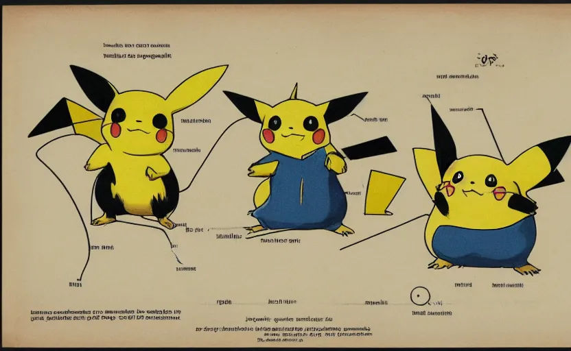 Prompt: scientific illustration of Pichu, Pikachu, and Raichu. Evolutionary line, comparative anatomy of electric mice.