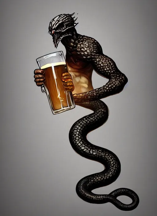 Prompt: human body snake drinks beer, beer, glass, beer mug in hand, intricate, triumphantly, foggy background, full body art, dark souls, drawing, concept art, artstation, digital painting