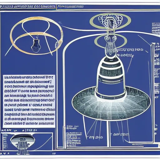 Image similar to a highly detailed technical schematic, blue - print, of a ufo propulsion system, for dummies, english texts, anti - gravity