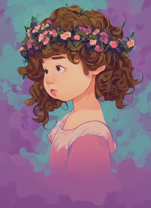 Image similar to little girl with wavy curly light brown hair. wearing a flower crown and chasing fireflies in the woods. clean cel shaded vector art. shutterstock. behance hd by lois van baarle, artgerm, helen huang, by makoto shinkai and ilya kuvshinov, rossdraws, illustration, art by ilya kuvshinov