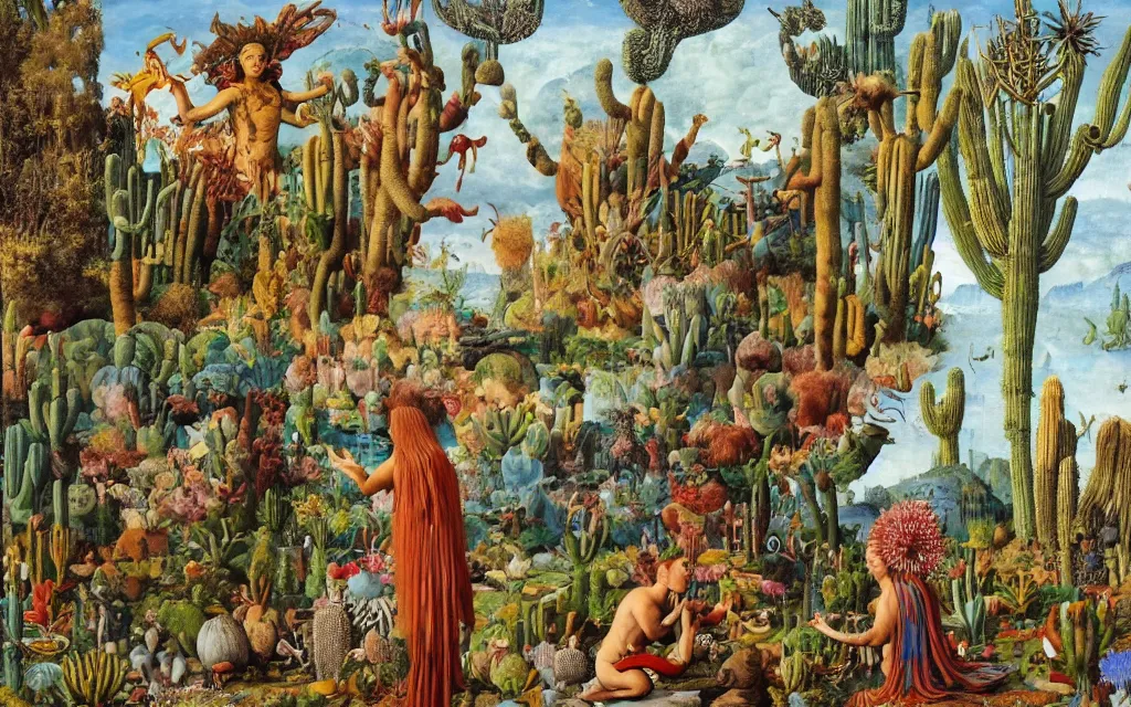 Prompt: photograph of a meditating centaur shaman and a striped werewolf feeding animals. surrounded by bulbous flowers, animals and a few trees and cacti. river delta with cliffs under a blue sky of burning stars. painted by jan van eyck, max ernst, ernst haeckel, ernst fuchs and artgerm, trending on cgsociety, gouache