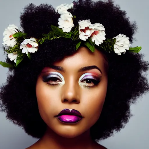 Image similar to Photo of a black woman, pretty make-up, flower crown, bold, self-confidence, cinematic focus