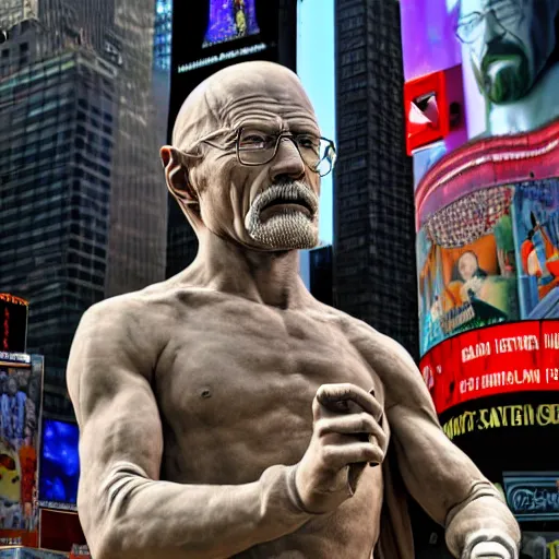 Image similar to a photograph of a very detailed renaissance sculpture of walter white wearing a phrygian cap in times square, made by michelangelo, from the distance, hyper detailed, sharp focus, 8 k resolution, ray tracing