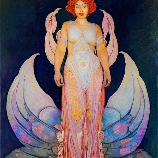 Image similar to queen of the dawn with her wings and her lantern, by Annie Swynnerton and Nicholas Roerich and Diego Rivera, bioluminescent skin, floral tattoos, elaborate costume, geometric ornament, symbolist, soft colors, smooth, sharp focus, extremely detailed