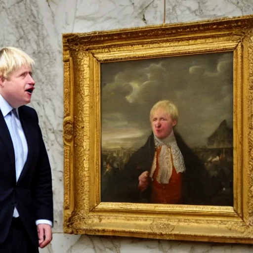 Image similar to Boris Johnson angrily throws tomatoes at paintings in the louvre