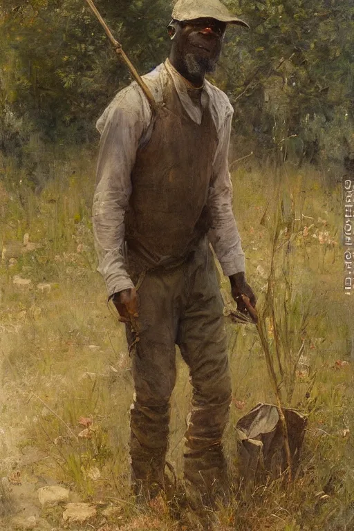 Image similar to Solomon Joseph Solomon and Richard Schmid and Jeremy Lipking painting full length portrait painting of a young man going to work in the field