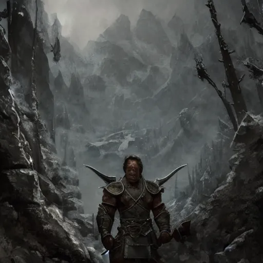 Prompt: arnold schwarzenegger as a Nord warrior in Skyrim, Magic the Gathering art, art by greg rutkowski, matte painting, trending on artstation, very detailed