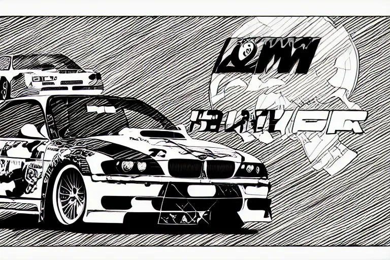 Image similar to bmw m 3 gtr, a page from cyberpunk 2 0 2 0, style of paolo parente, style of mike jackson, adam smasher, johnny silverhand, 1 9 9 0 s comic book style, white background, ink drawing, black and white