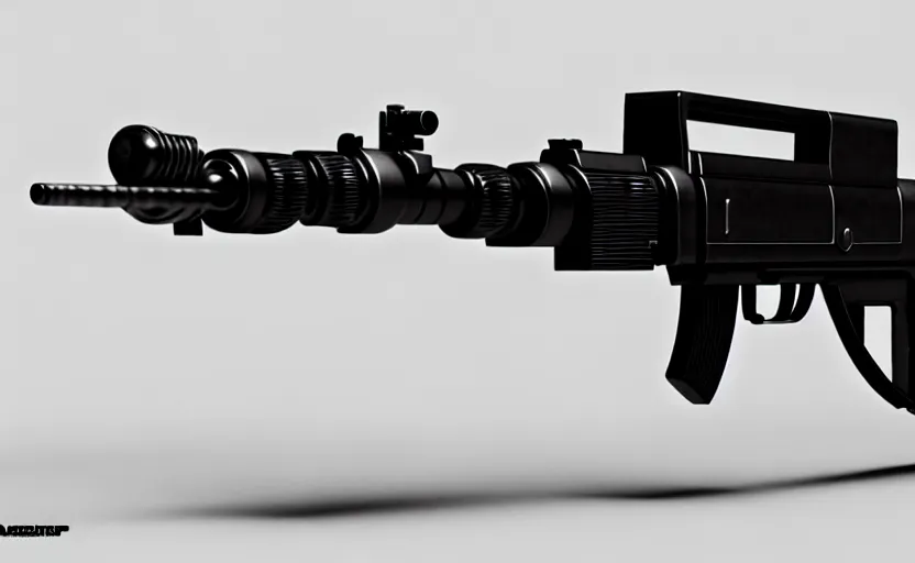 Image similar to futuristic submachine gun on a smooth white table, design concept art, minimalist, studio lighting, 3d render, octane render, photorealistic, highly detailed, intricate detail, trending on artstation